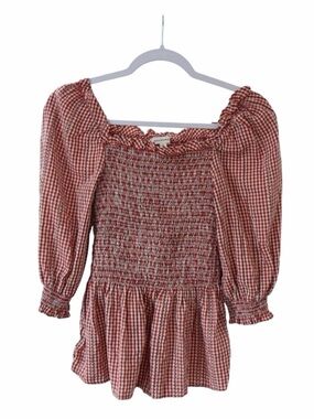 Max Studio Medium Smocked Gingham Peasant Blouse in Rust Red Peplum CottageCore